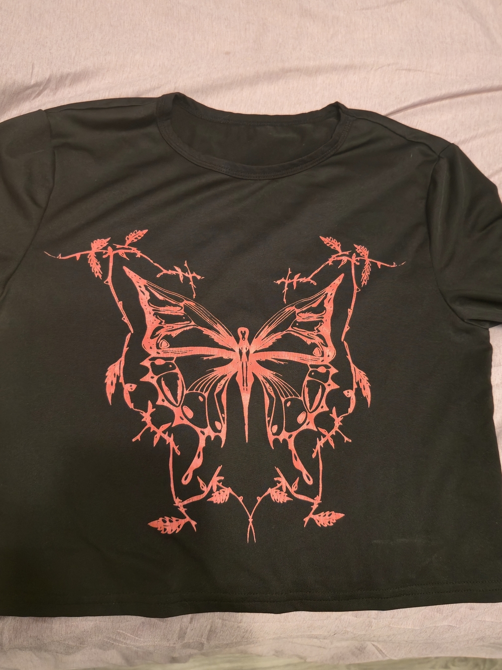 SHEIN Black Crop Top with Coral Butterfly Graphic